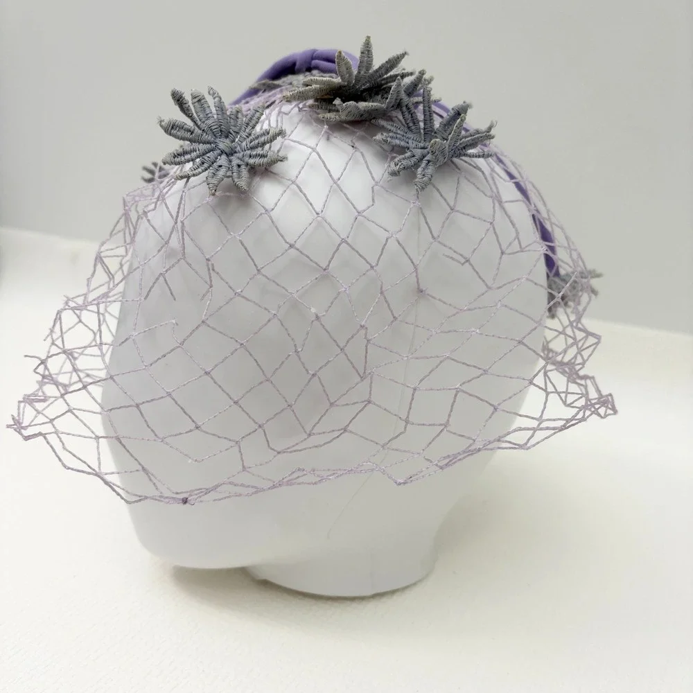 Vintage Birdcage Veil Floral Embroidered Fascinator One Size Purple